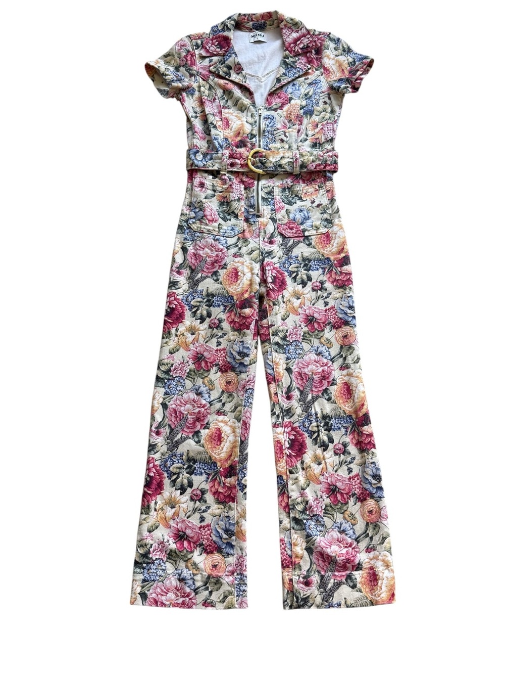 Show Me Your Mumu Jacksonville Floral Denim Belted Jumpsuit S Boho Dusty Meadows - Picture 1 of 15